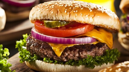 Close-up of a juicy cheeseburger with lettuce, tomato, and onion.