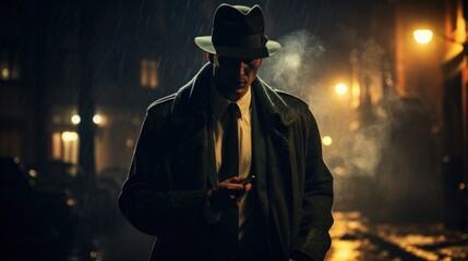 Vintage gangster detective wearing a cloak at night