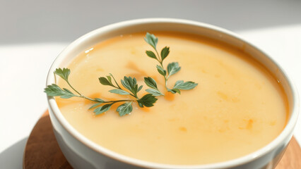 Wall Mural - Creamy soup with fresh herbs in a white bowl