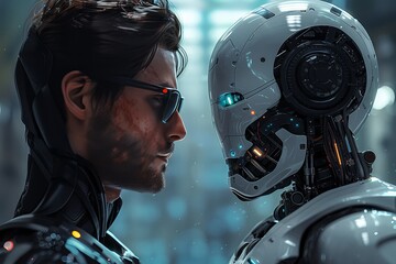 A human and an artificial intelligence robot facing each other, with the male figure on one side wearing glasses in business attire, symbolizing innovation for corporate AI development.