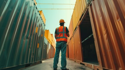 Worker inspecting cargo containers in a shipping yard