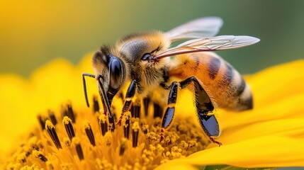 Wall Mural - A bee on a yellow flower with blurred background, AI