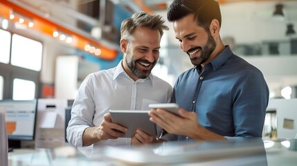 Two happy busy professional business men executive business team working together standing in office holding tab using digital tablet computer tech managing data standing in corporate  : Generative AI