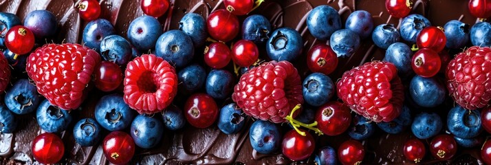 Sticker - Top view of a chocolate cake topped with fresh berries and a variety of sweets, homemade for a celebratory gathering. Selective soft focus.