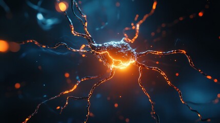 Poster - A glowing neuron transmits an electrical signal through its intricate connections, illustrating neural communication in action