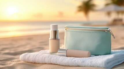 Poster - A small cosmetic bag and two bottles of skin care products on a towel, AI