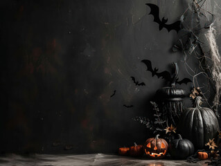 Wall Mural - Halloween elements on a stark black background