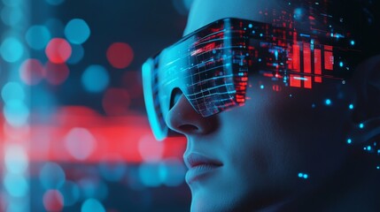 Poster - Woman Wearing Futuristic Augmented Reality Glasses with Digital Interface