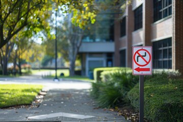 Poster - A no smoking sign stands prominently next to a clean walkway lined with greenery, indicating a smoke-free area in a sunny outdoor space. Generative AI