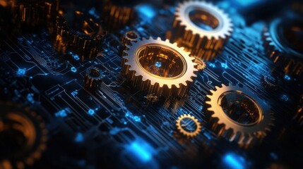 Wall Mural - 5 A network of interconnected gears and circuitry, symbolizing the synergy between technology and business processes, Technology-driven business operations concept