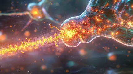 Poster - Neurons engage in communication as neurotransmitters move across the synaptic gap, facilitating signal transmission between cells