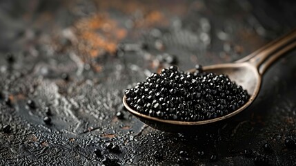 Black Caviar in a spoon on dark background High quality real natural sturgeon black caviar closeup Delicatessen Texture of expensive luxury caviar Food Backdrop Top view flatlay : Generative AI