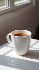 Sticker - Cup of Coffee on a White Table in Natural Sunlight