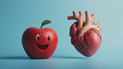 Sticker - A happy-faced apple beside a realistic human heart on a blue background, highlighting the link between good nutrition and heart health in a playful yet informative way.