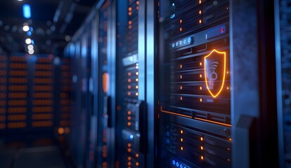 A close up of digital data storage with glowing symbols representing a shield and lock, set against the backdrop of dark server cabinets in an office environment.