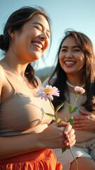 Sticker - Two Happy Women Holding Flowers