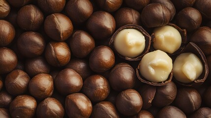 Wall Mural - Close-up of macadamia nuts, some with the shells removed, revealing the creamy white interior.