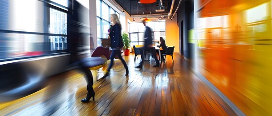 A vibrant modern office with colorful accents, natural light, and blurred motion of people walking. The space exudes energy and creativity.