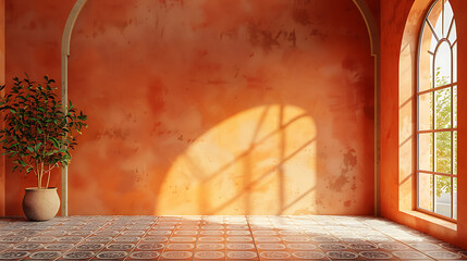 Wall Mural - A terracotta-colored room with arched windows and a patterned tile floor. The sunlight streams through the window and creates a warm and inviting atmosphere.