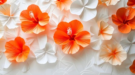 Wall Mural - Orange and White Paper Flowers on White Background