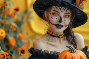 Magician woman in gothic costume with pumpkin