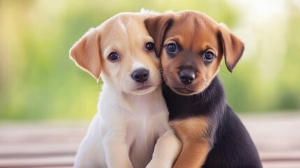 Canvas Print - Two puppies are sitting on top of each other with their heads touching, AI