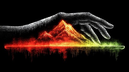 Poster - Hand and Tablet Interaction, orange, green, yellow sheen
