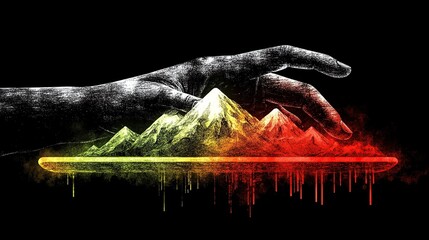 Poster - Hand and Tablet Interaction, orange, green, yellow sheen