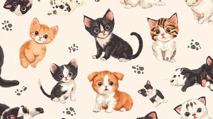 Wall Mural - Pattern of playful kittens and puppies with cute expressions on a light background