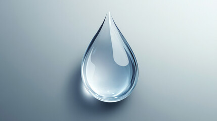 Clear water drop on a transparent grey background. Illustration of a single blue, shiny raindrop with a transparent effect.