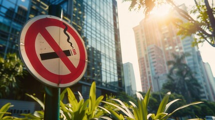 Poster - A no smoking sign stands prominently near lush plants, with skyscrapers illuminated by the warm glow of the setting sun in the background. Generative AI