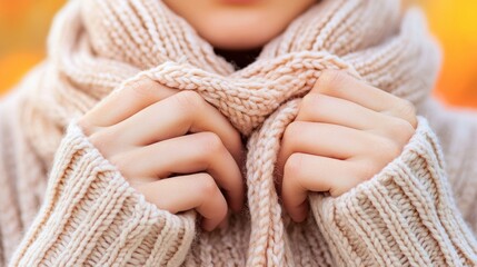 Canvas Print - A woman is wearing a sweater and holding her hands together, AI