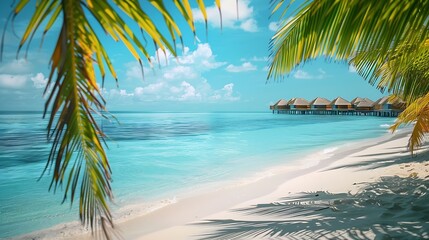 Amazing travel landscape Luxury hotel with water villas and palm tree leaves over white sand close to blue sunny sea sky seascape Beach Summer vacation and holiday beach resort on trop : Generative AI