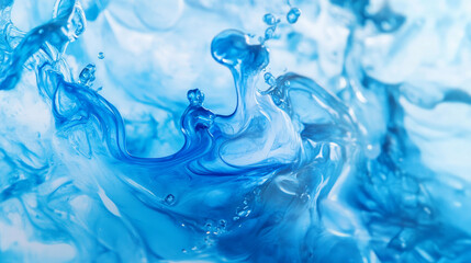 Poster - Close-up of a blue-colored drop in water, capturing the abstract motion of watercolor ink splashing. Creates a frame border background effect.