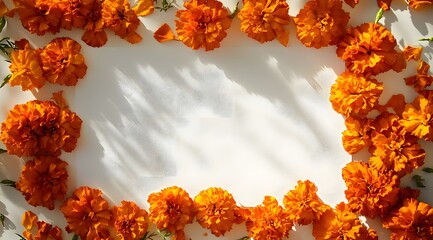 Wall Mural - Orange Marigold Flowers Arranged in a Border on a White Surface