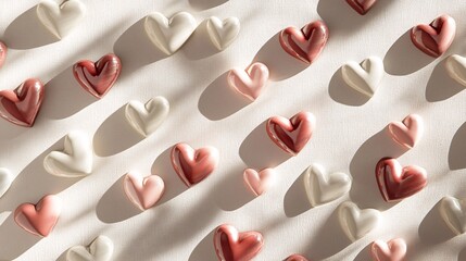 Tiny hearts with a shadow effect creating a pattern on a light background