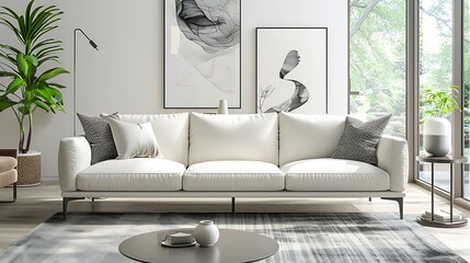 Modern white designer sofa on legs with cushions on grey carpet in middle of minimalistic living room with high ceiling futuristic chair green plant abstract picture and two vases on t : Generative AI