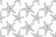 © YustasArt - Seamless pattern in nautical style. Starfish on a white background. Hand drawn illustration in line art style. Drawn in black ink in sketch style. Design for packaging, textile, wallpaper