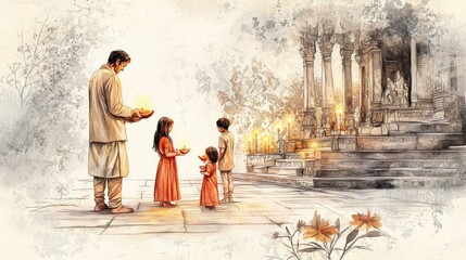 A family of four, including young children, offering oil lamps during a ritual ceremony at an ancient temple, reflecting devotion and cultural heritage.