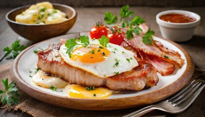 Wall Mural - Succulent steak topped with a fried egg that oozes golden yolk over each bite.