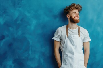 Cheerful worker in clean overalls stands confidently against a vibrant blue backdrop