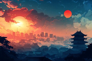 Canvas Print - A Japanese City Skyline at Sunset with Two Suns