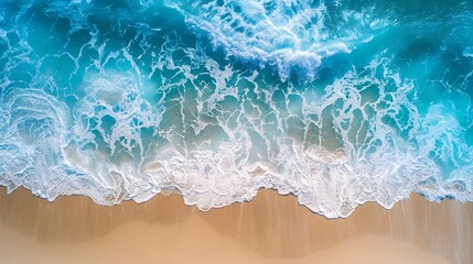 Poster - Ocean waves on the beach as a background Aerial top down view of beach and sea with blue water waves Beautiful natural summer vacation holidays background in Vietnam Vietnam beach : Generative AI