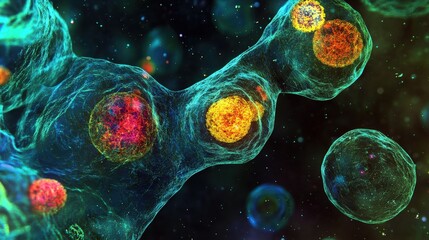 Poster - Stem cells are transforming into specialized cells, showcasing dynamic colors and intricate structures, highlighting their developmental potential