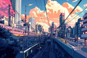 Wall Mural - A Japanese Cityscape with Train Tracks and a Pink Sky