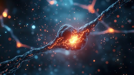 Poster - Synaptic transmission occurs as two neurons connect and exchange signals, showcasing neural activity in the brain