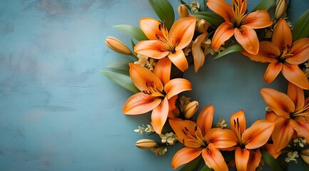 Wall Mural - Orange Lilies Arranged in a Circle on a Blue Wooden Surface