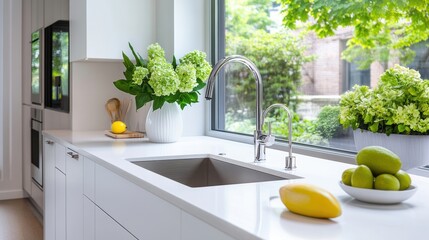 Canvas Print - A kitchen with a sink and counter top filled with fruit, AI