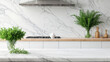 © organik - Empty white marble table with minmal white blurred kitchen background for product mockup