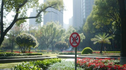 Poster - A vibrant park filled with colorful flowers and a clear sign against certain activities under a bright sun in an urban landscape. Generative AI